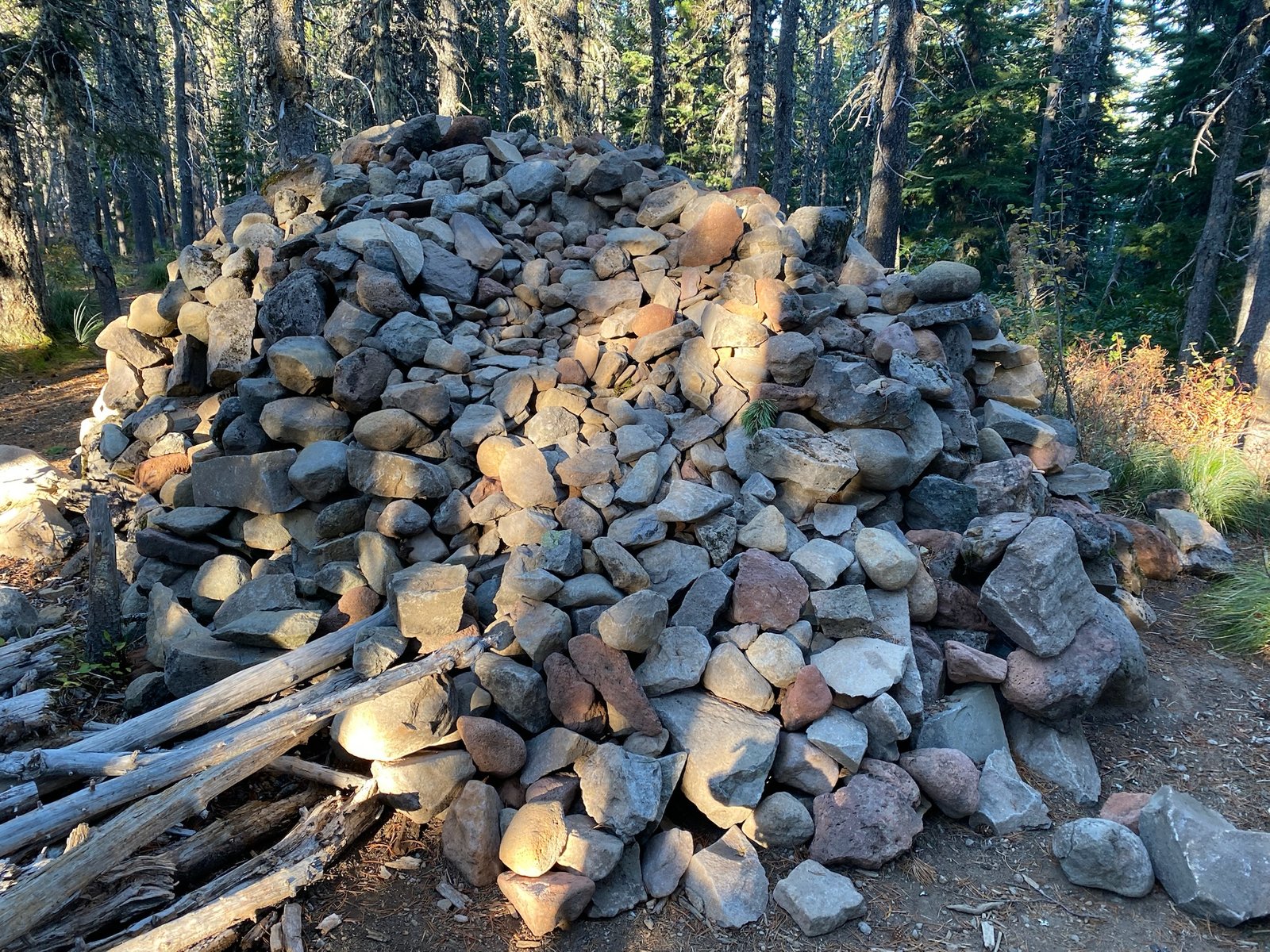 A large pile of rocks beside the trail near the summit of Tom Dick and Harry Mountain, with weathered logs at its base