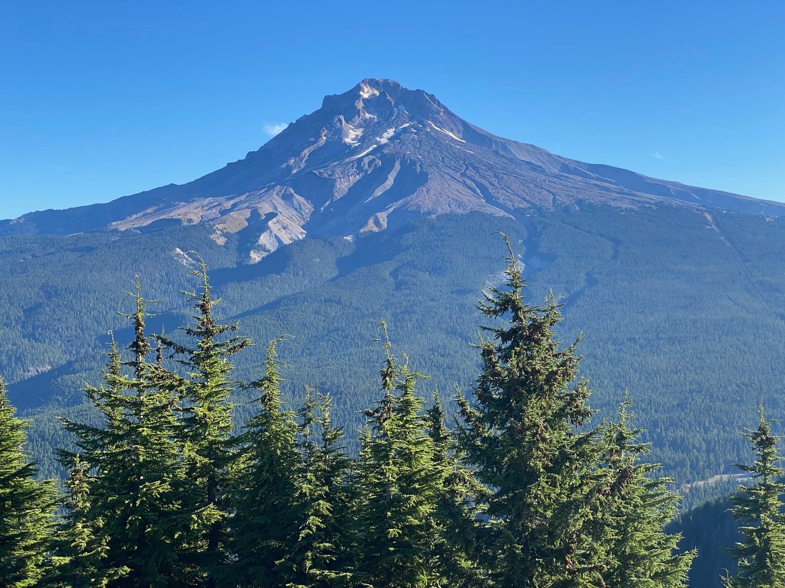 Mount Hood from the summit of Tom Dick and Harry Mountain in October, its upper slopes largely bare of snow