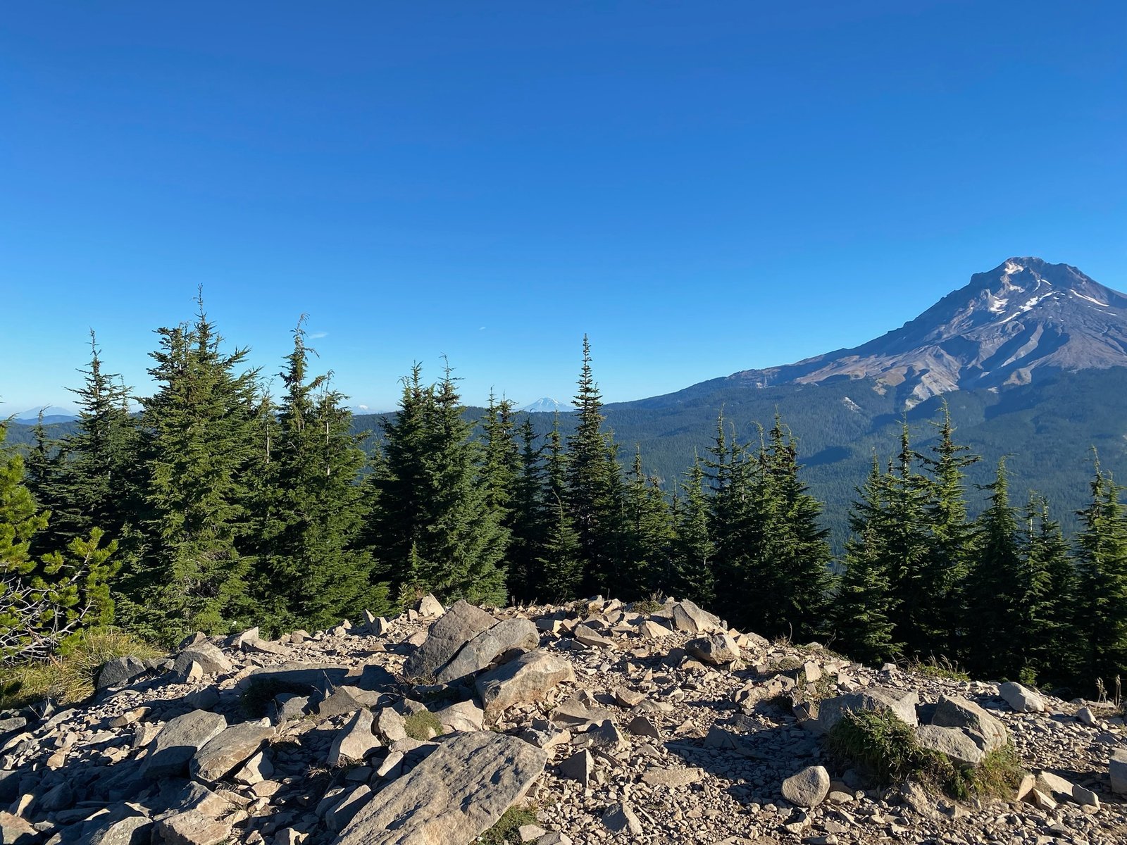 Rocky summit of Tom Dick and Harry Mountain with fir trees and Mount Hood beyond under a clear blue sky