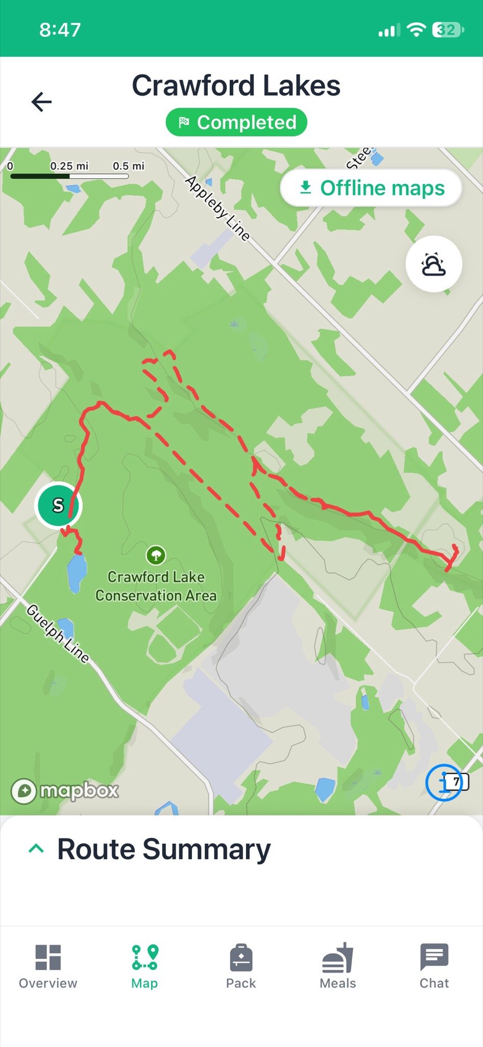 TrailSync map of the Crawford Lake to Rattlesnake Point route, out and back with a loop through the canyon